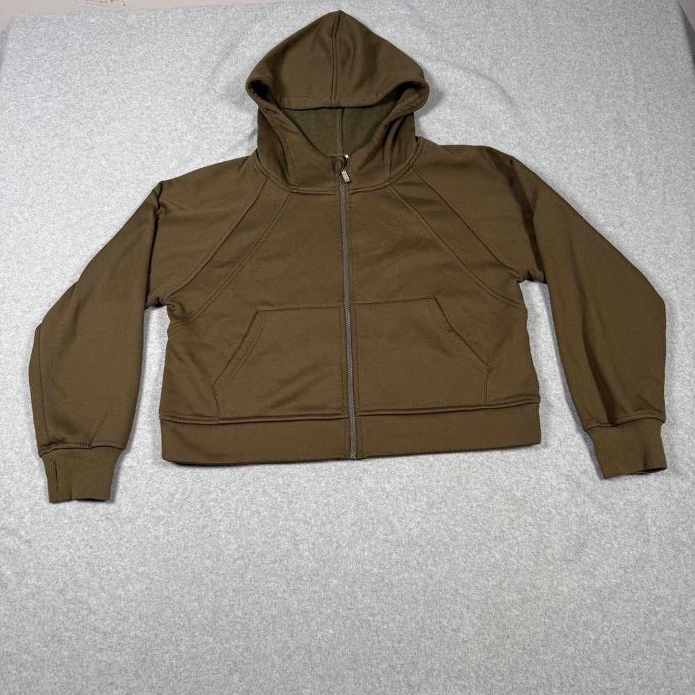 Laslulu Womens Full Zip Cropped Hoodie Fleece Lined Brown Olive Size Large COzy